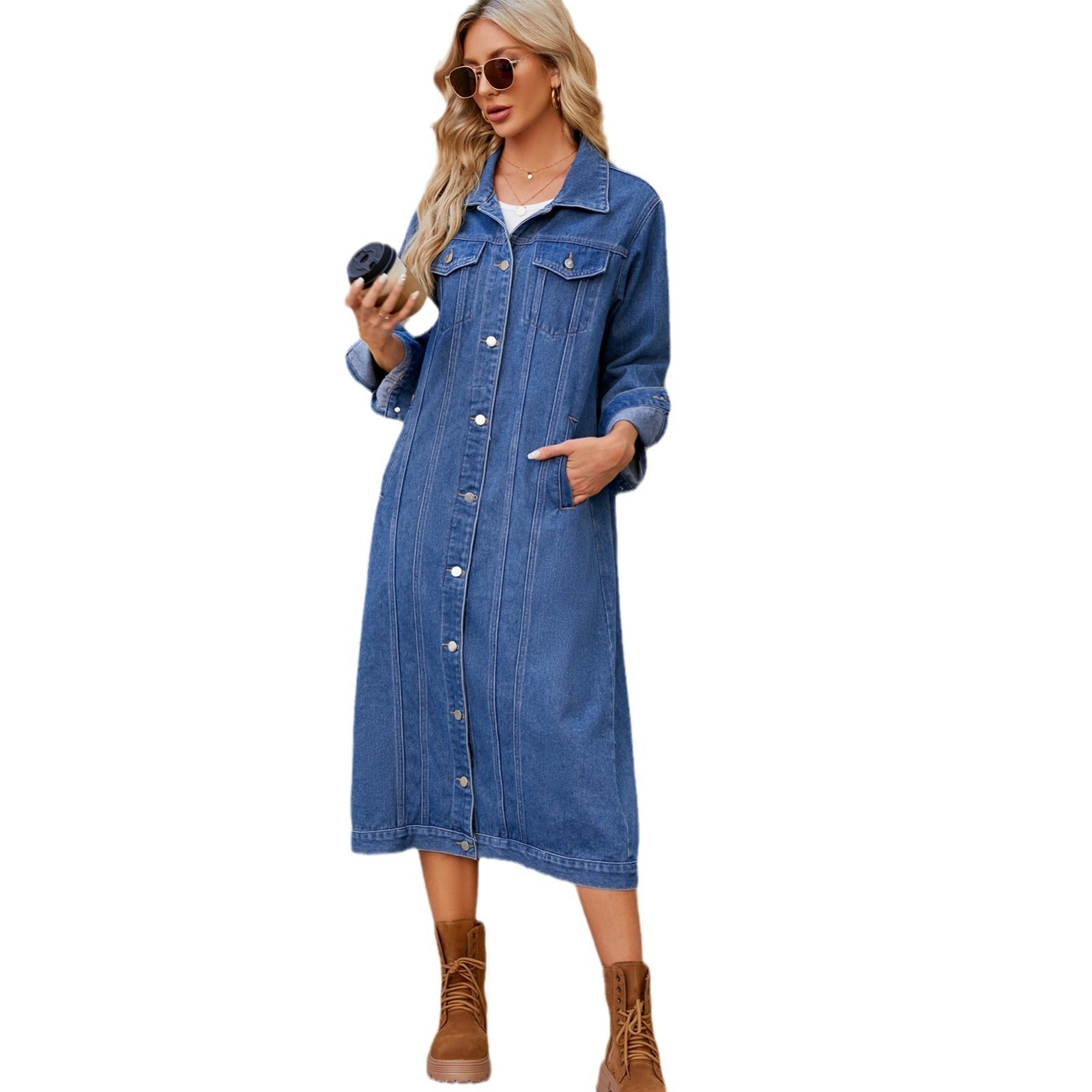 Washed Cardigan Long Denim Coat And Trench Coat Women  Leather Jacket 105.46 