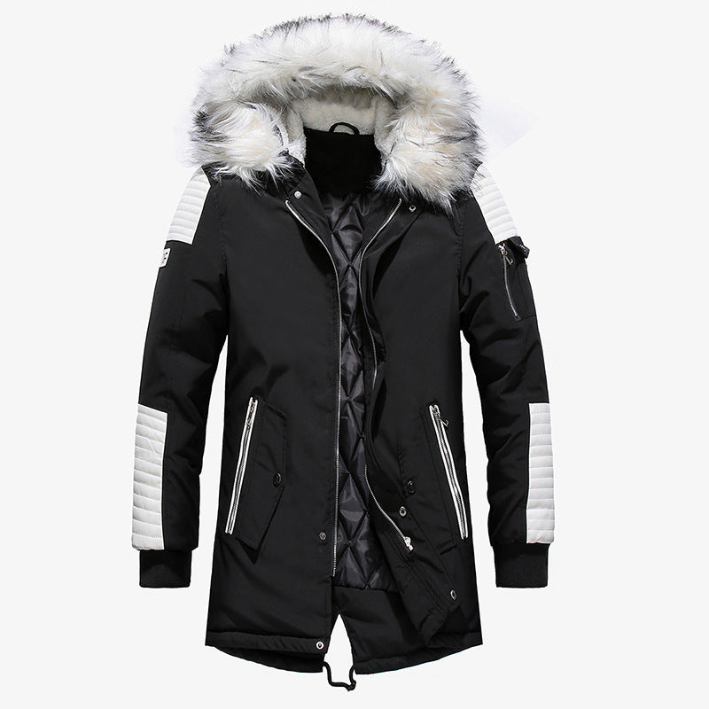 Large fur collar men's long cotton coat thick men's long cotton jacket  Leather Jacket  