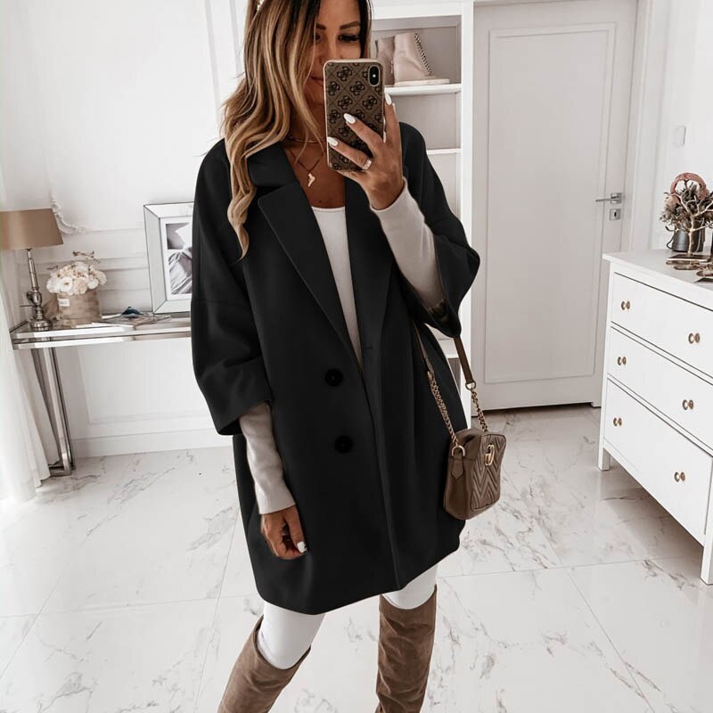 Autumn Winter Women Coats 2XL Plus Long Wool Size Warm Elegant Vintage women Coat khaki Jacket  Leather Jacket 94.35 Black-XXL