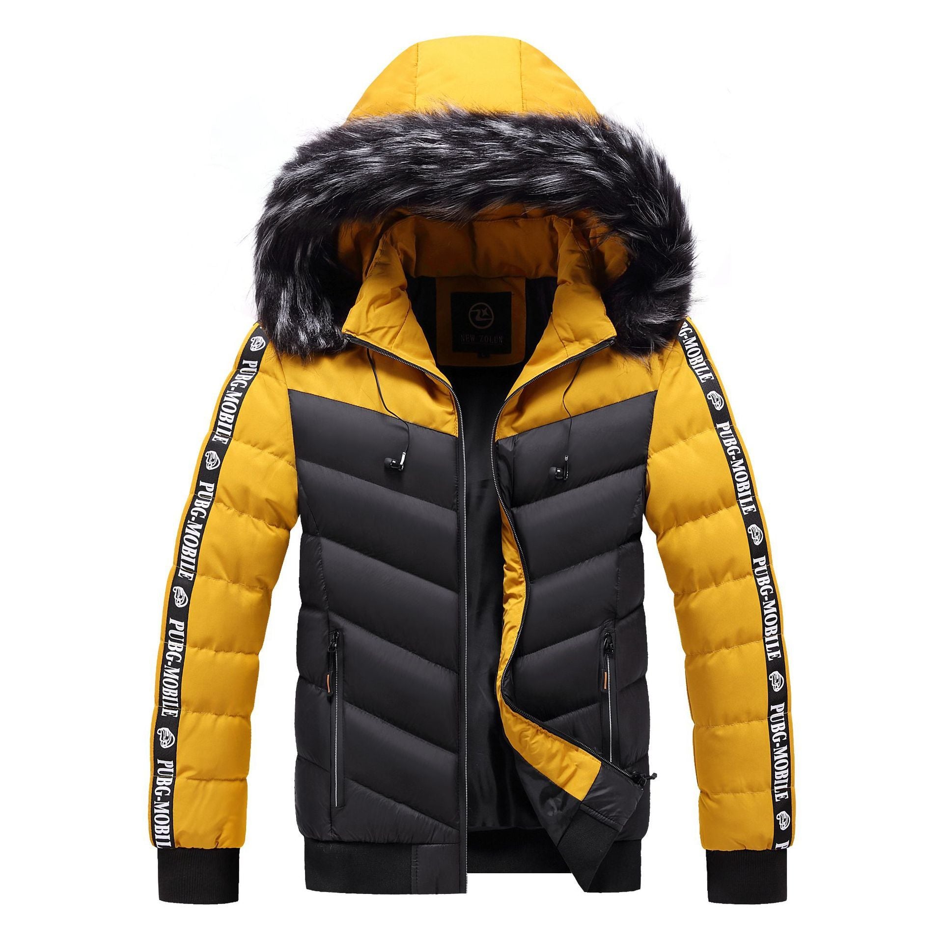 Men's Winter Fur Collar Cotton Padded Jacket  Leather Jacket 93.60 Black-yellow-XXL