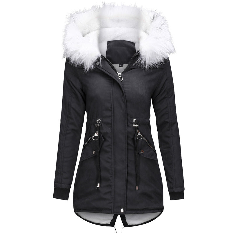Cotton Coats Women Casual Fur Long Hooded Jacket Fashion Simple High Street  Leather Jacket  