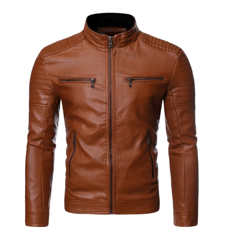 Zip decorative motorcycle jacket  Leather Jacket 73.89 Brown-XXL
