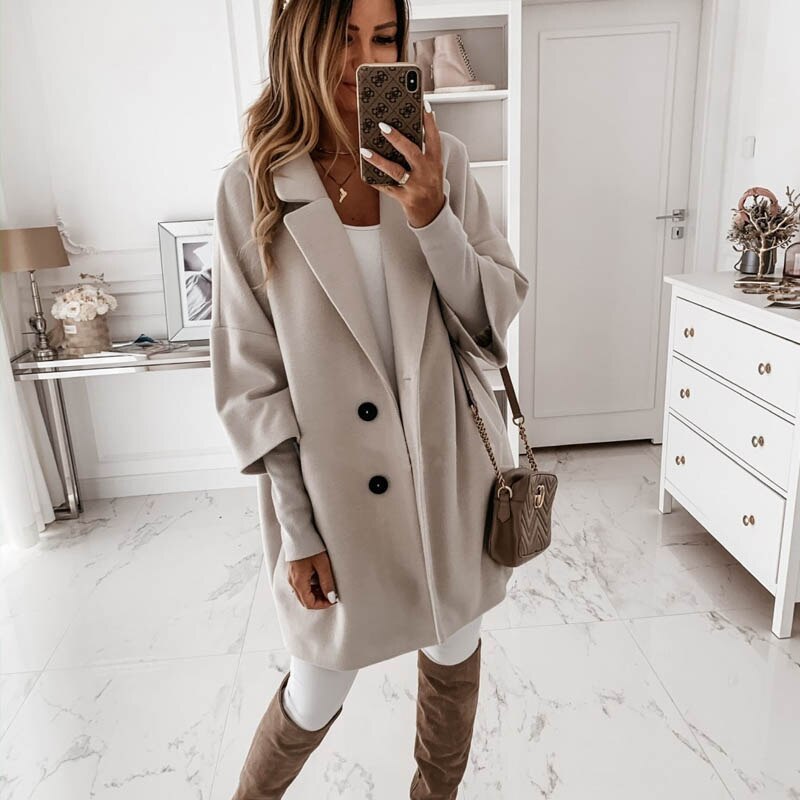 Autumn Winter Women Coats 2XL Plus Long Wool Size Warm Elegant Vintage women Coat khaki Jacket  Leather Jacket 68.56 Beige-XXL