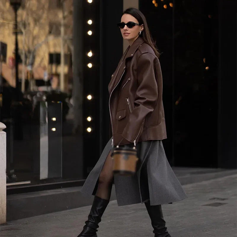 Locomotive Style Zipper Brown Short Suit Leather Coat Women  Leather Jacket 105.15 