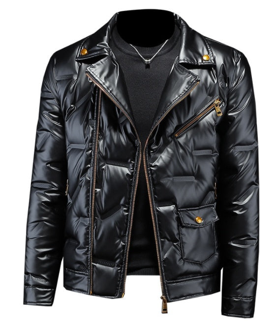 White Duck Down Shiny Suit Collar Men's Down Jacket  Leather Jacket 285.39 Black-XL