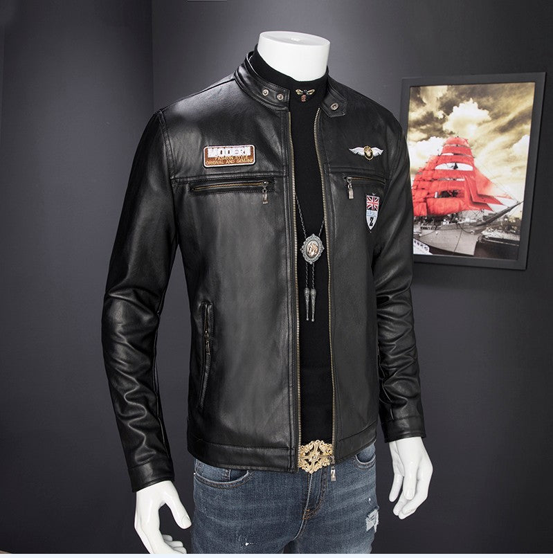 New trendy handsome locomotive PU leather coat  Leather Jacket 76.00 Black-XXL