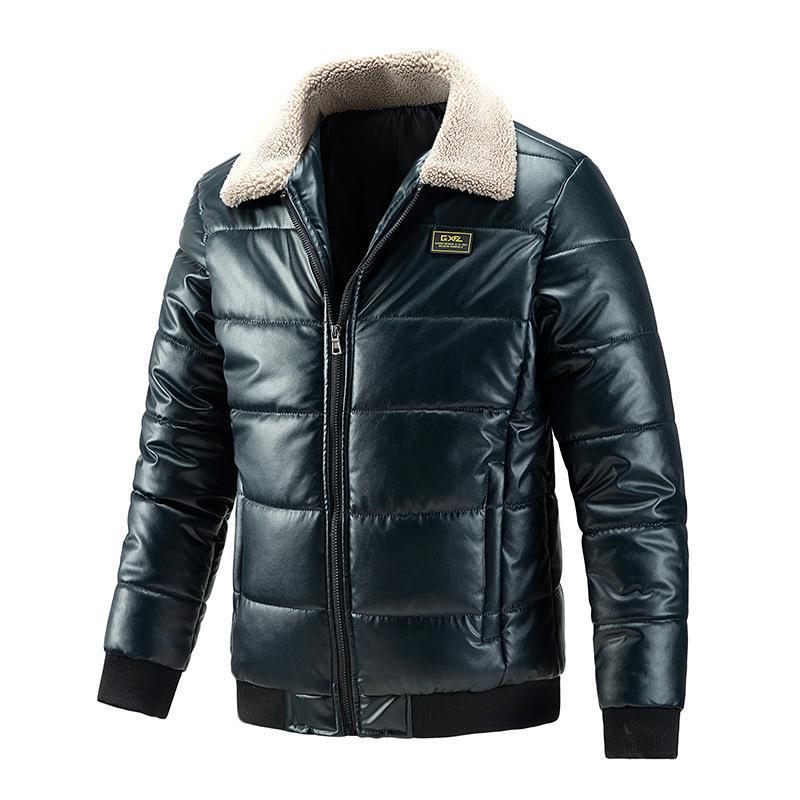 Cotton Men Fur Collar Trend Thickened  Leather Jacket 84.65 Dark-Blue-XL