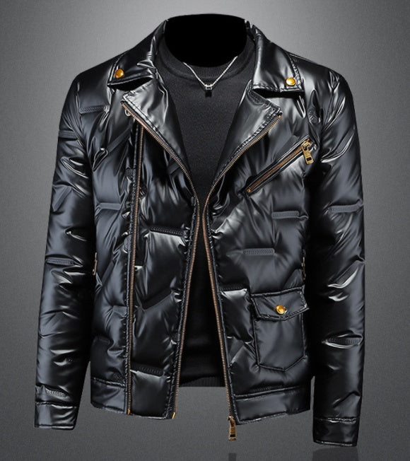 White Duck Down Shiny Suit Collar Men's Down Jacket  Leather Jacket 286.08 