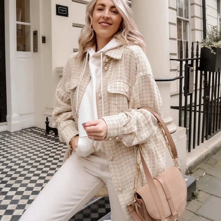 Women Plaid Pattern Thick Coats Jacket Pearl Buttons Long Sleeves Pocket Ladies Elegant Autumn Winter Coat  Leather Jacket  