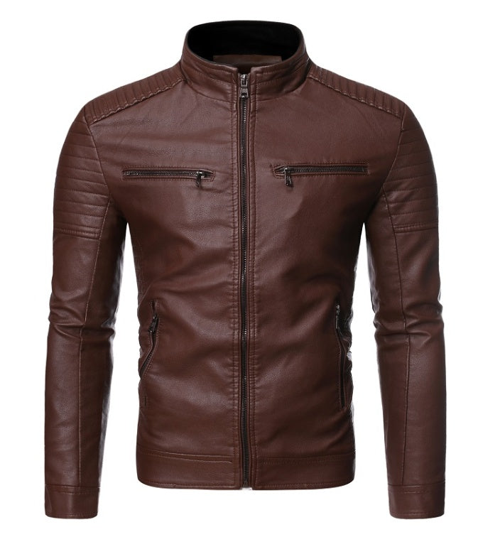 Zip decorative motorcycle jacket  Leather Jacket 73.89 Coffee-XXL