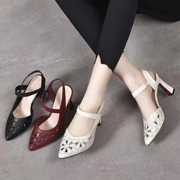 Fashion Pointed Toe Sandals Back Empty Soft Leather Hollowed Toe Box High Heels