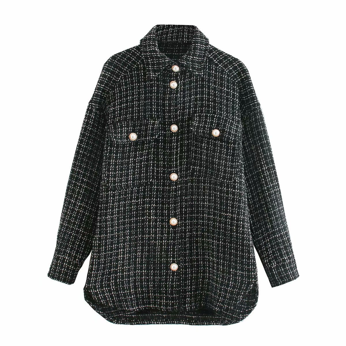 Women Plaid Pattern Thick Coats Jacket Pearl Buttons Long Sleeves Pocket Ladies Elegant Autumn Winter Coat  Leather Jacket  