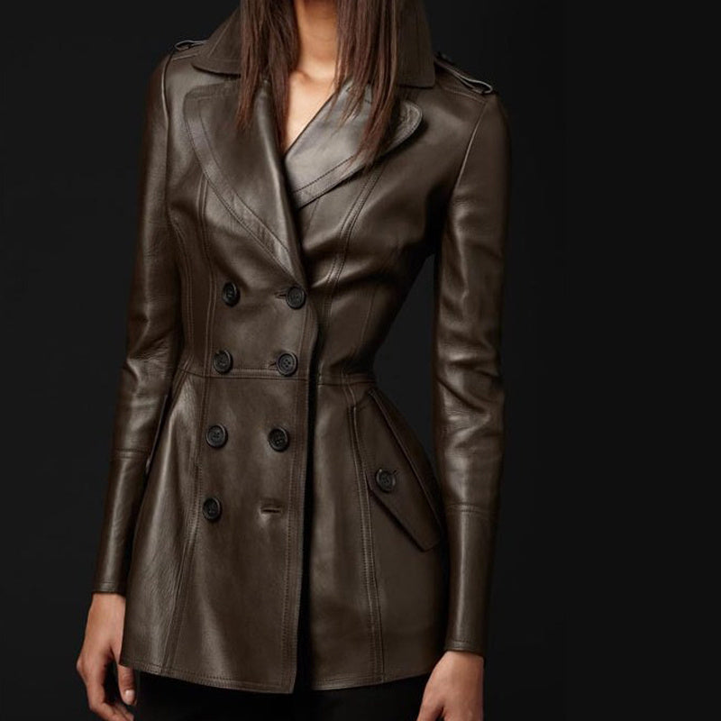 Mid-length Leather Wind Coat Women's Large Swing Coat  Leather Jacket 99.15 