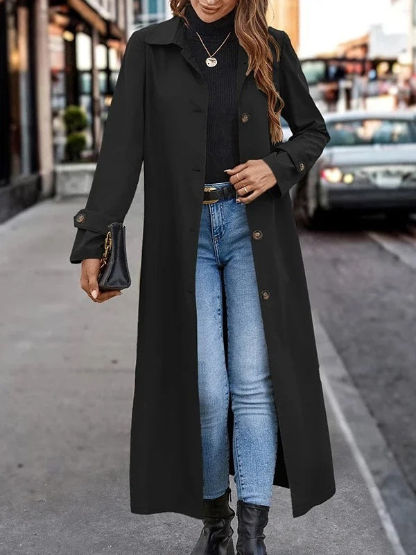 Fashion Casual Gentle Button Long Trench Coat For Women  Leather Jacket 72.97 Black-XXL