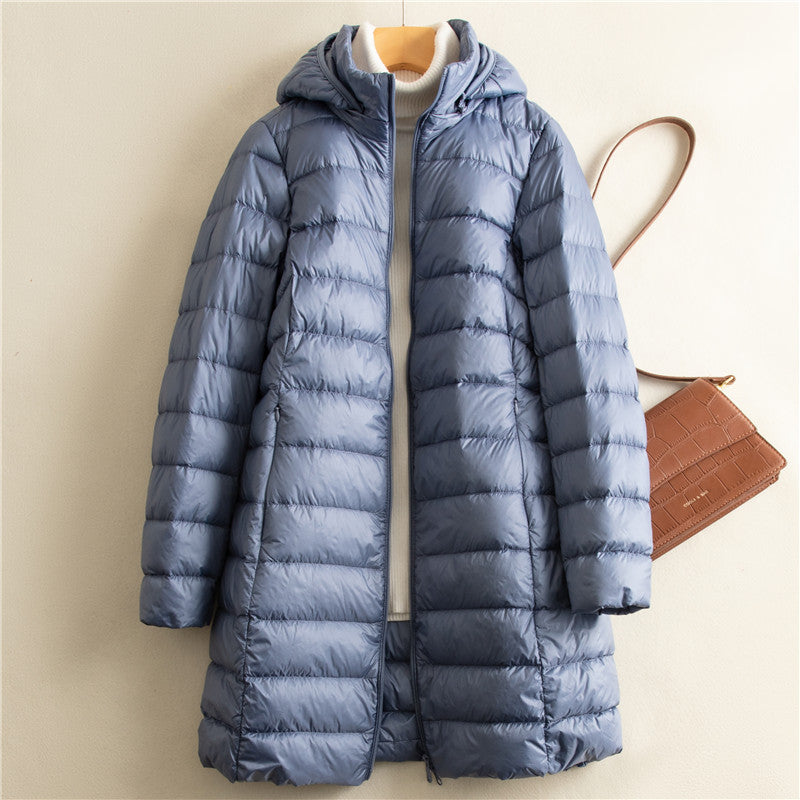 Detachable Hat Light Thin Down Jacket Women  Leather Jacket 78.05 Haze-Blue-XL