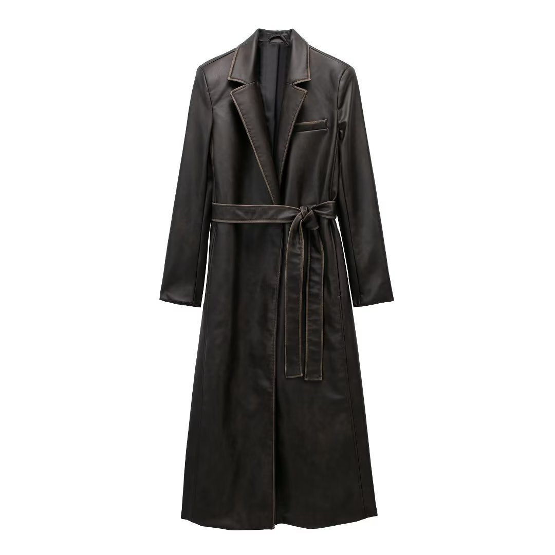 Autumn Leather Effect Belt Coat  Leather Jacket 133.02 Picture-Color-XS