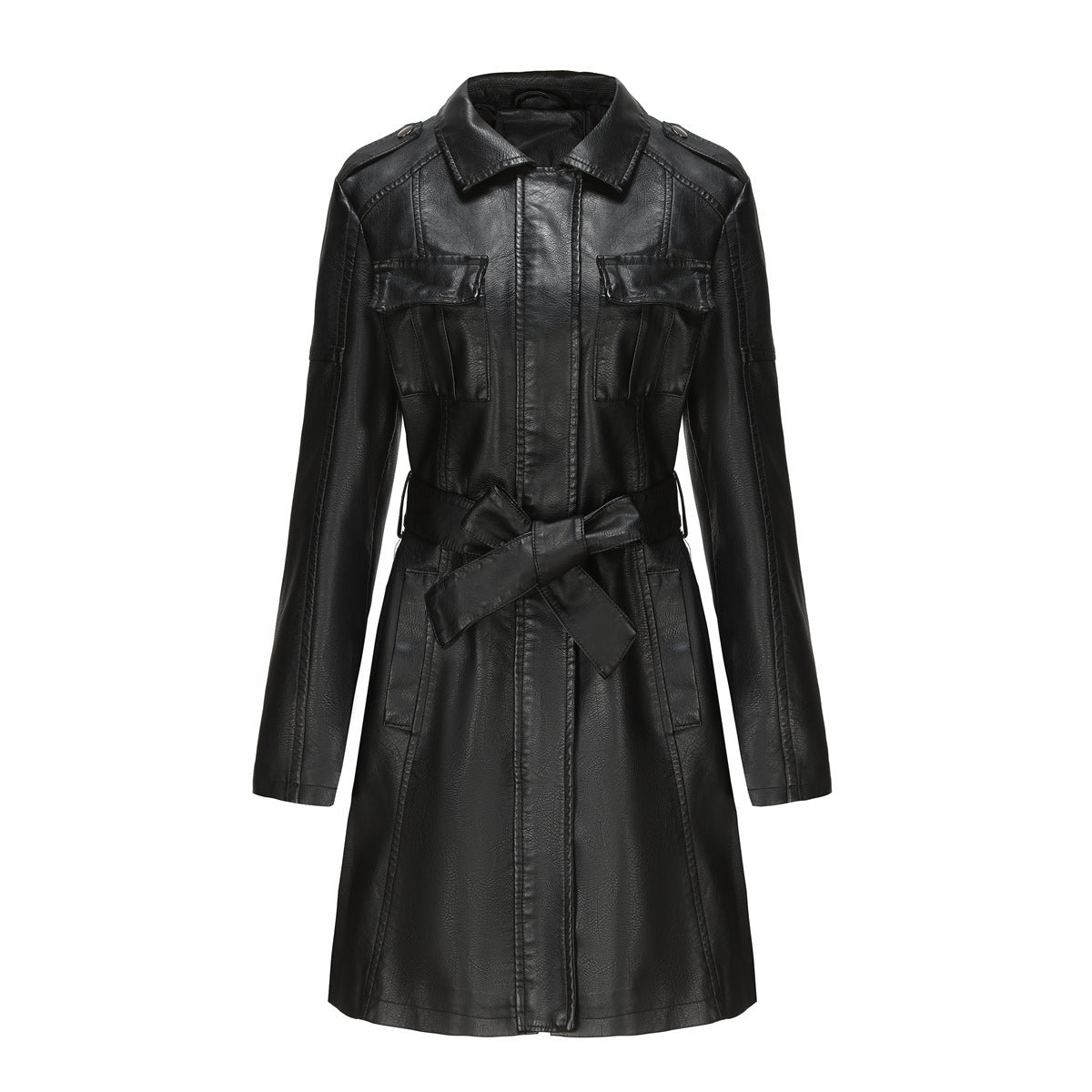 New European And American-style Mid-length Leather Coat With Belt Fashion British Coat For Women  Leather Jacket 108.29 Black-XXXL