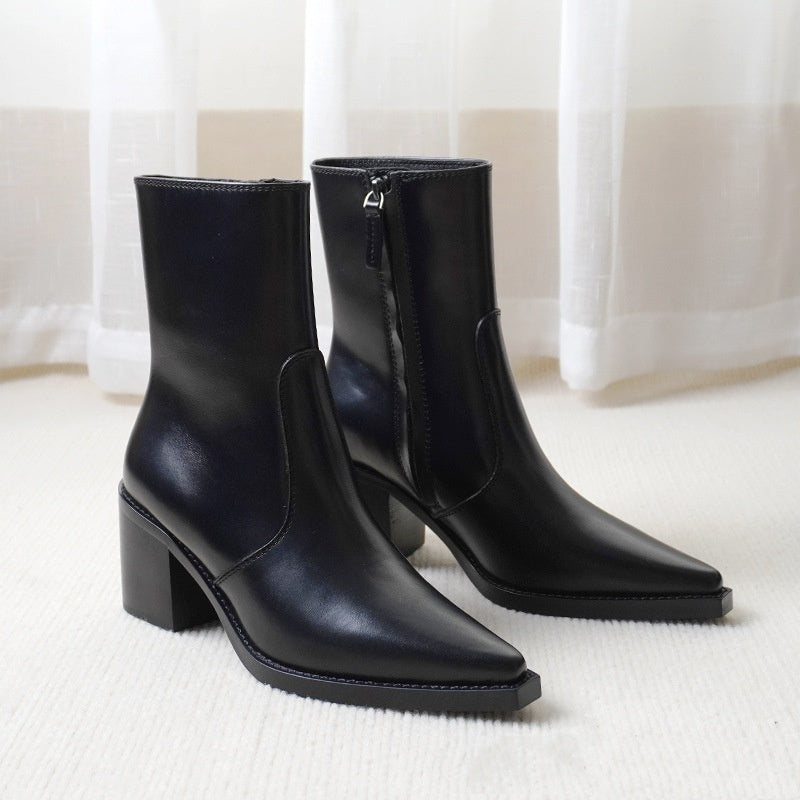 Autumn And Winter Genuine Leather Chunky Heel Martin Boots Ankle Boots