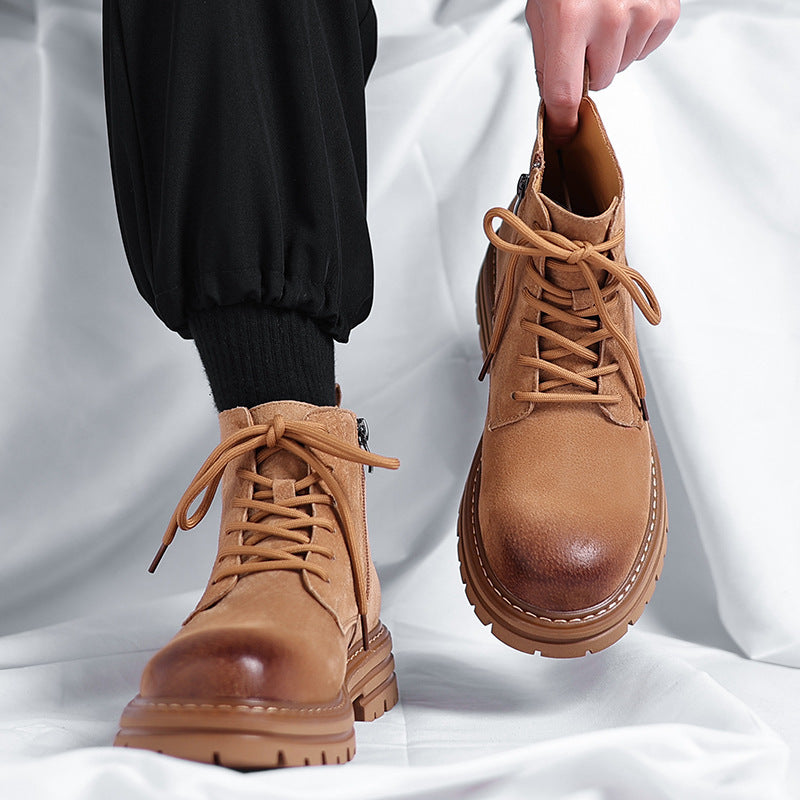 High-top Leather Shoes Leather Zipper Short Boots  Footwear  