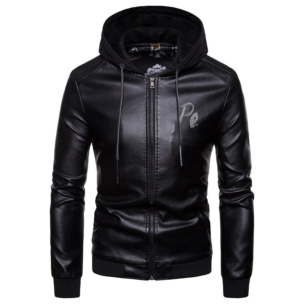 Men's British fashion hooded leather coat  Leather Jacket 70.96 Black-XXL