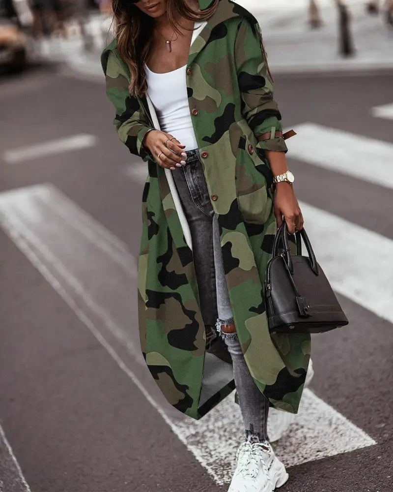 Fashion Personality Casual Lapel Mid-length Trench Coat Women  Leather Jacket 67.45 Camoflage-XL