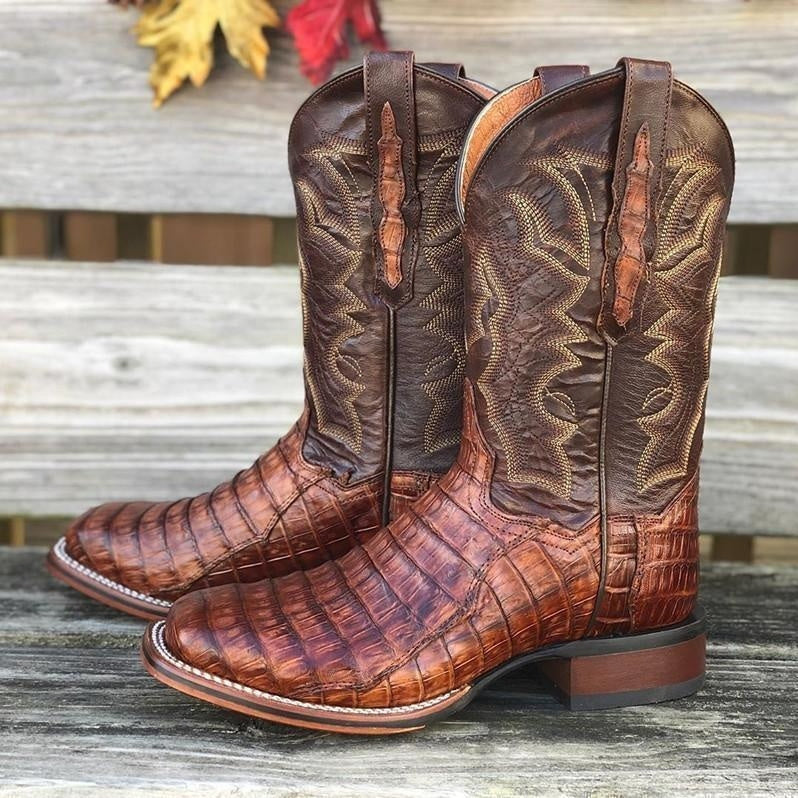 Men's Retro Square Head Embroidered Mid-calf Split Casual Wild Boots  Footwear  