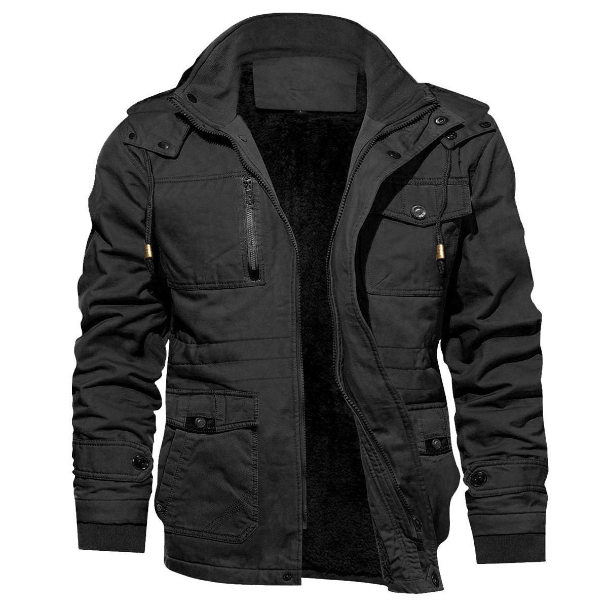 Men's Cotton Coat Jacket Hooded Multi-pocket Vintage Fleece-lined  Leather Jacket  