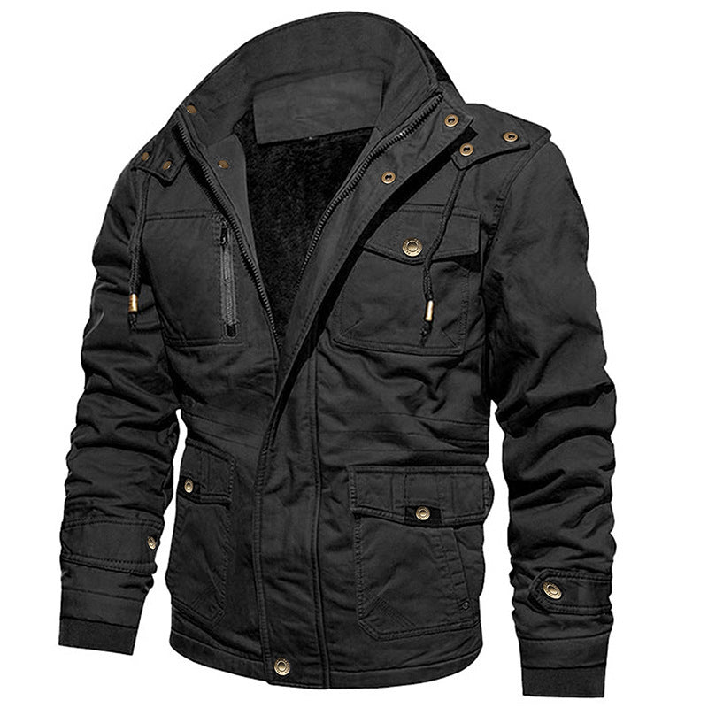 Men's Cotton Coat Jacket Hooded Multi-pocket Vintage Fleece-lined  Leather Jacket  