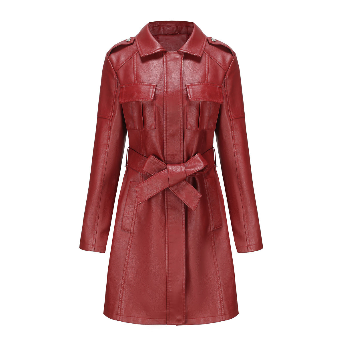 New European And American-style Mid-length Leather Coat With Belt Fashion British Coat For Women  Leather Jacket 111.81 Wine-Red-XXXL