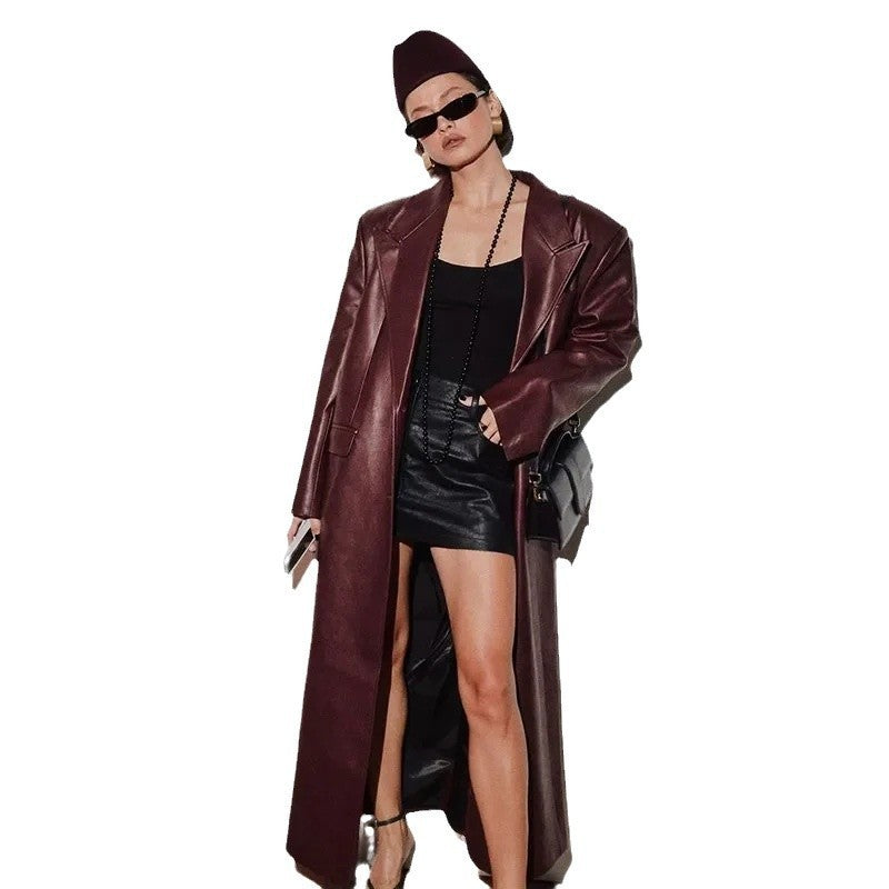 Elegant Retro Wine Red Jacket Trench Coat Women  Leather Jacket 107.93 