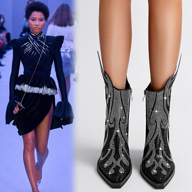 New Sexy Square Toe Chunky Heel Rhinestone Flame Martin Boots