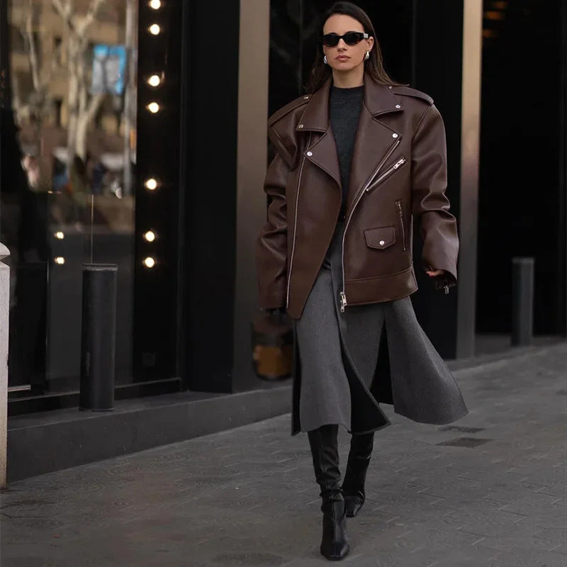 Locomotive Style Zipper Brown Short Suit Leather Coat Women  Leather Jacket 105.15 