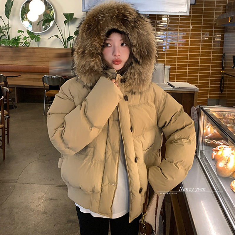 Milk Tea Color Big Fur Collar Short Down Jacket Women  Leather Jacket 94.63 
