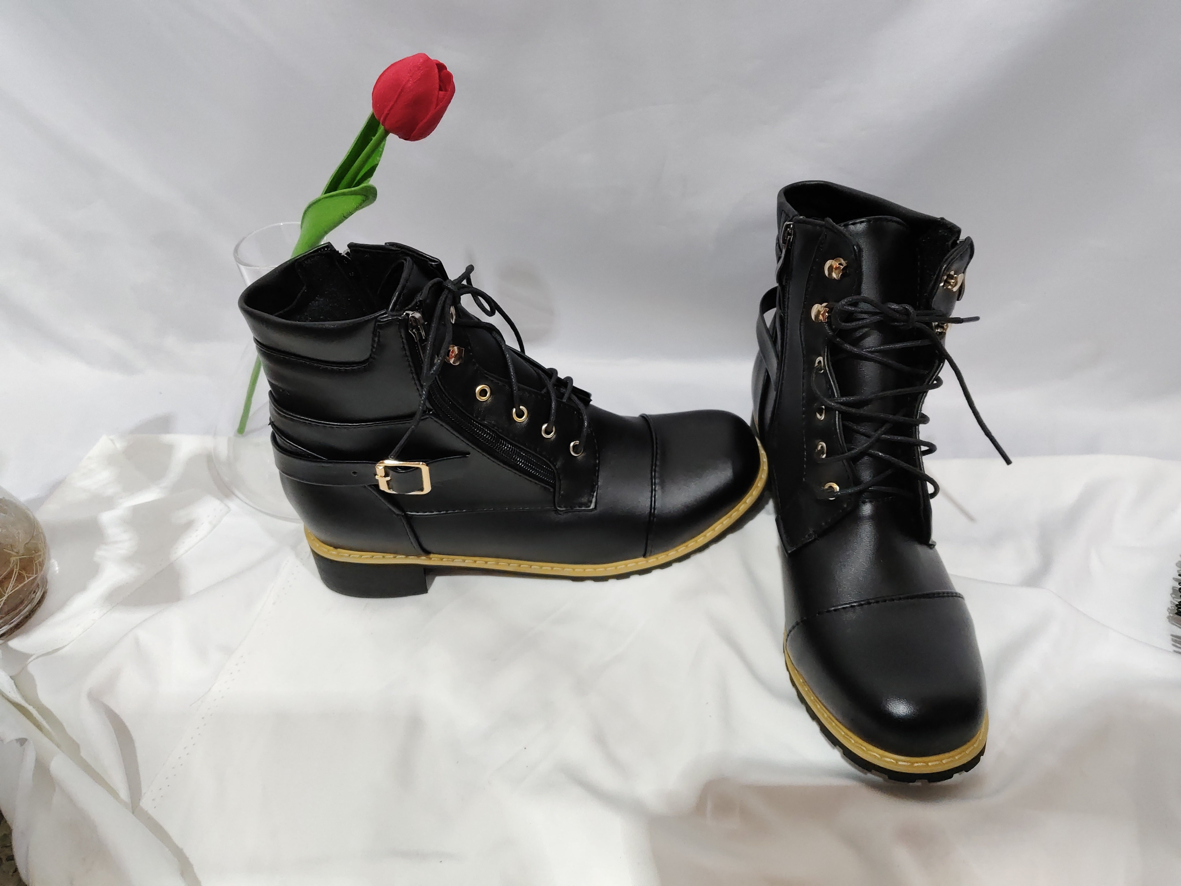 Front Lace-up Martin Boots Plus Size Flat Angle Low Cut Side Zipper