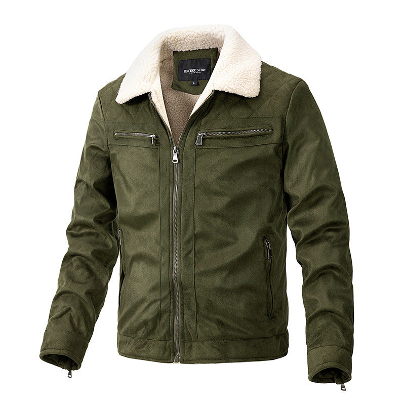 Suede Fabric Jacket Men's Zipper Cardigan Casual Berber Fleece Coat  Leather Jacket 79.08 Army-Green-XXXL