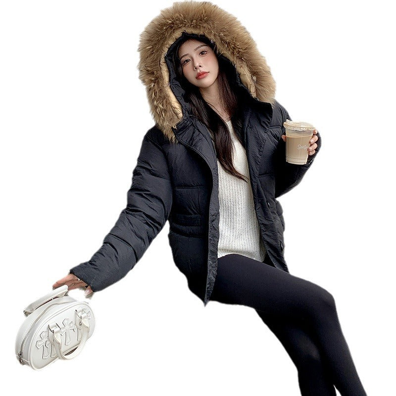Milk Tea Color Big Fur Collar Short Down Jacket Women  Leather Jacket 94.63 