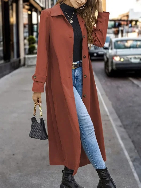 Fashion Casual Gentle Button Long Trench Coat For Women  Leather Jacket 72.97 Brick-Red-XXL