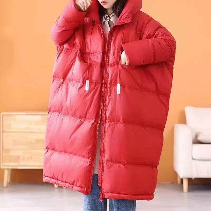 Autumn And Winter Warm Thick Hooded Mid-length White Duck Down Jacket Women  Leather Jacket 169.57 Red-S