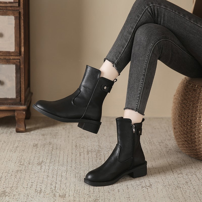 Women's Low Heel Round Toe Boots Side Zip Short Boots
