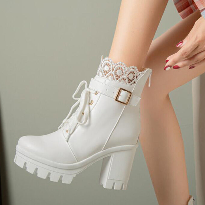 Lace Ankle Boots Lace-up Square Heeled Shoes Women White Black Boots