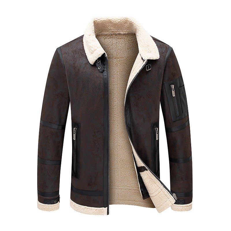 Men's Autumn And Winter Fleece-lined Thickened Fur Jacket  Leather Jacket 102.52 Coffee-XXL
