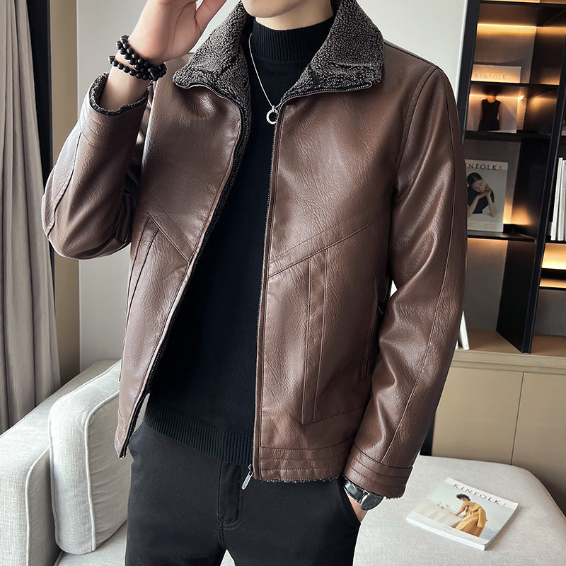 Hong Kong Style Velvet Padded Plus Size Men's Leather Jackets  Leather Jacket 85.38 